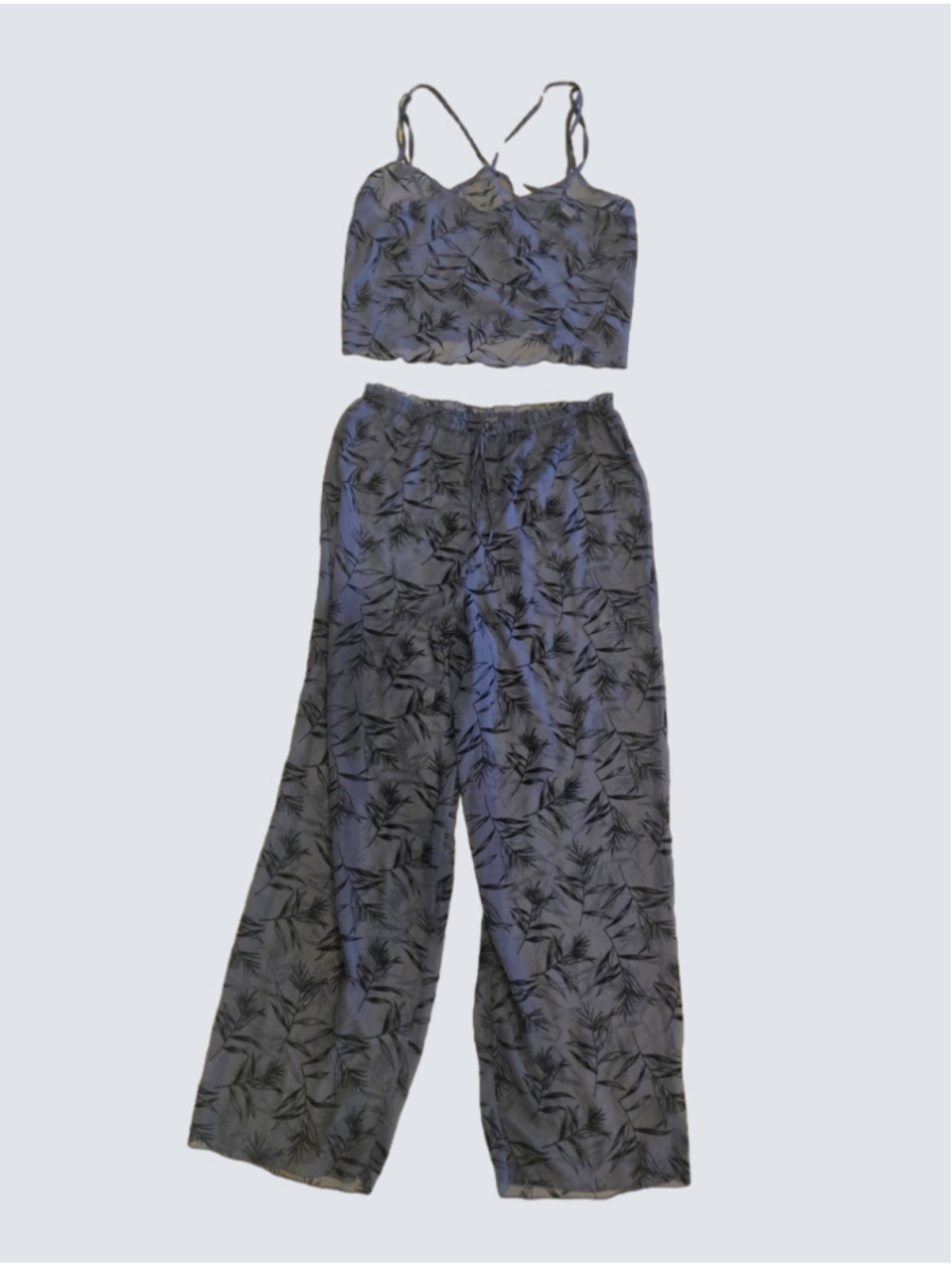 Victoria's Secret | 2 Piece Women's Sheer Pajama Set in Navy Blue Leaf Print. M